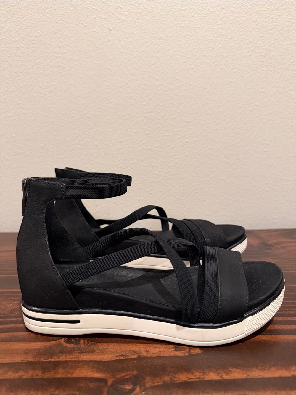 Eileen Fisher Black Strappy Wedge Sandals Size: 6.5